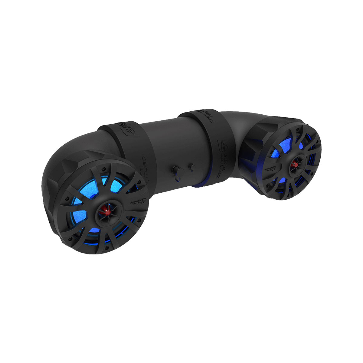 The UTV65LED is a black cylindrical Bluetooth UTV speaker system with dual 6.5" speakers. It features blue LED lights inside the round grilles, an L-shaped stylish design, and a weatherproof body with prominently displayed branding.