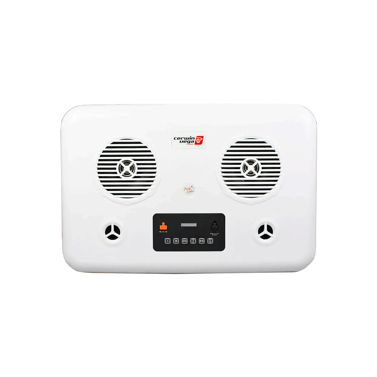 The CVC65OR is a sleek 55QT orange cooler with dual 6.5" marine speakers and small round outlets for optimal cooling, featuring a black control panel with icons and buttons that support Bluetooth streaming. A logo and text complete its design, while also offering phone charging and a 10-hour battery life.