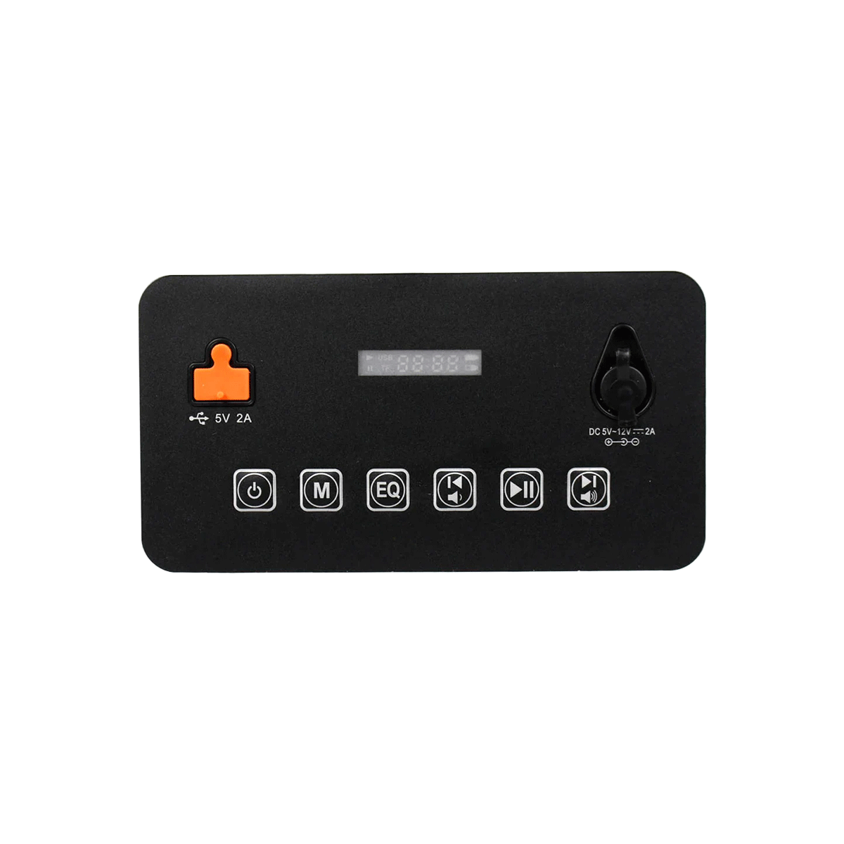 The 55QT Orange Cooler, model CVC65OR, boasts a sleek black rectangular control panel with a small "88:88" display at the center. It features built-in 6.5" 2-way marine speakers, Bluetooth streaming, a left-side USB port, control buttons below, and a top-right power input socket.