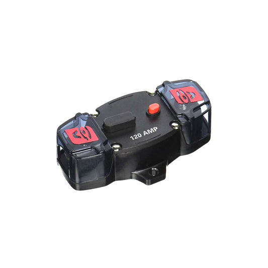 Image of a black rectangular Circuit Breaker 120A - CCB120, featuring a 120A rating with a red reset button on top and two red lever switches under transparent plastic covers for circuit protection.