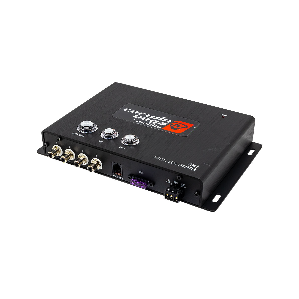 The Cerwin Vega CVM2 Digital Bass Restoration Processor, in sleek black, features a compact design with mounting flanges, multiple I/O ports and dials, a purple fuse, and is topped with the iconic logo and orange emblem for enhanced car audio.