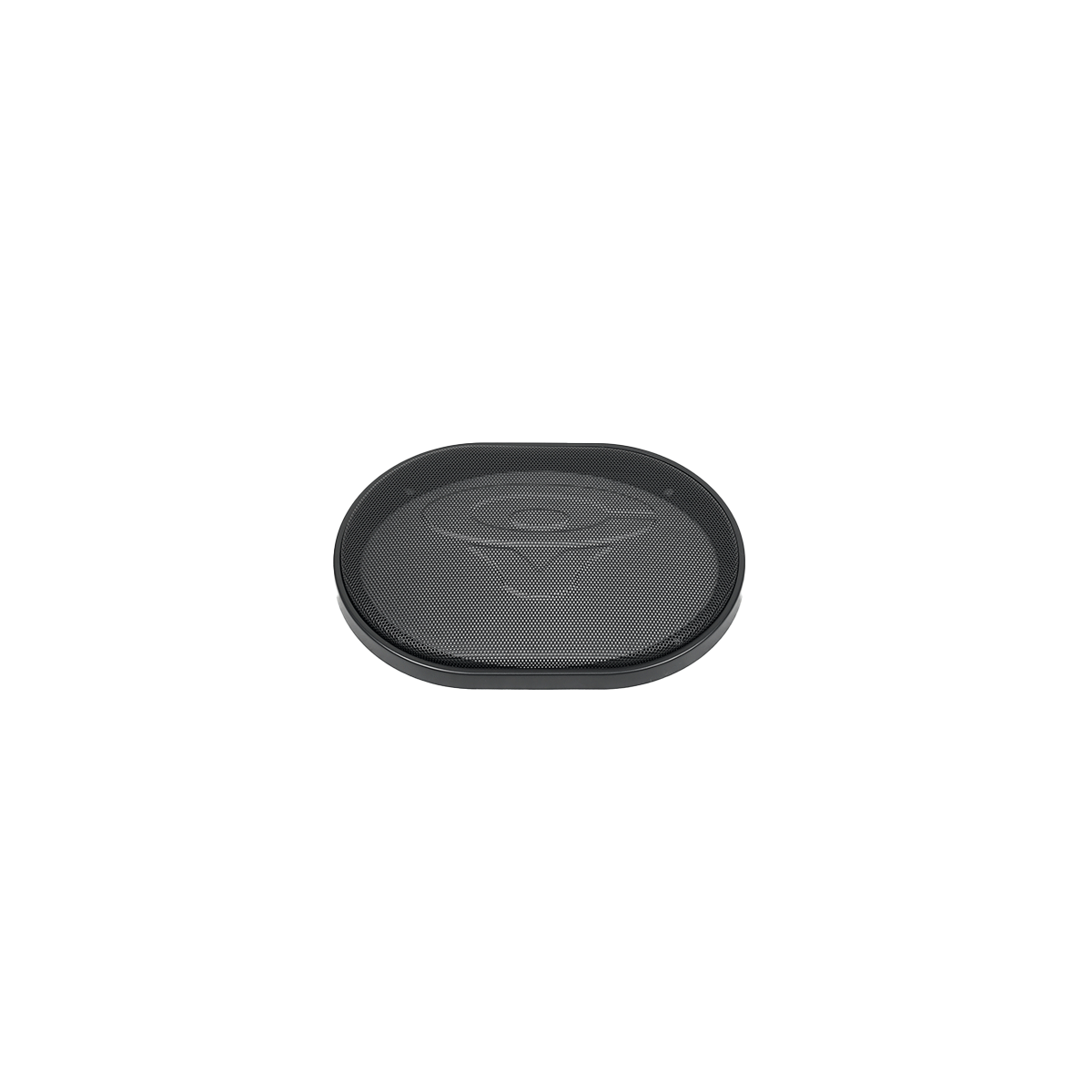 Oval-shaped black Cerwin-Vega PH Series GRL69PH speaker features a metal mesh grill and a stylized logo centered on a plain white background, highlighting its sleek, compact design.
