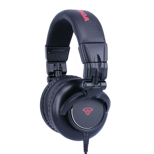 The Professional Wired Headphones - HB1 are black over-ear headphones featuring a textured headband, red logo on ear cups, padded adjustable headband, and a wired connector for legendary bass. Their sleek design with comfortable padded ear cups makes them ideal for professional audio use.