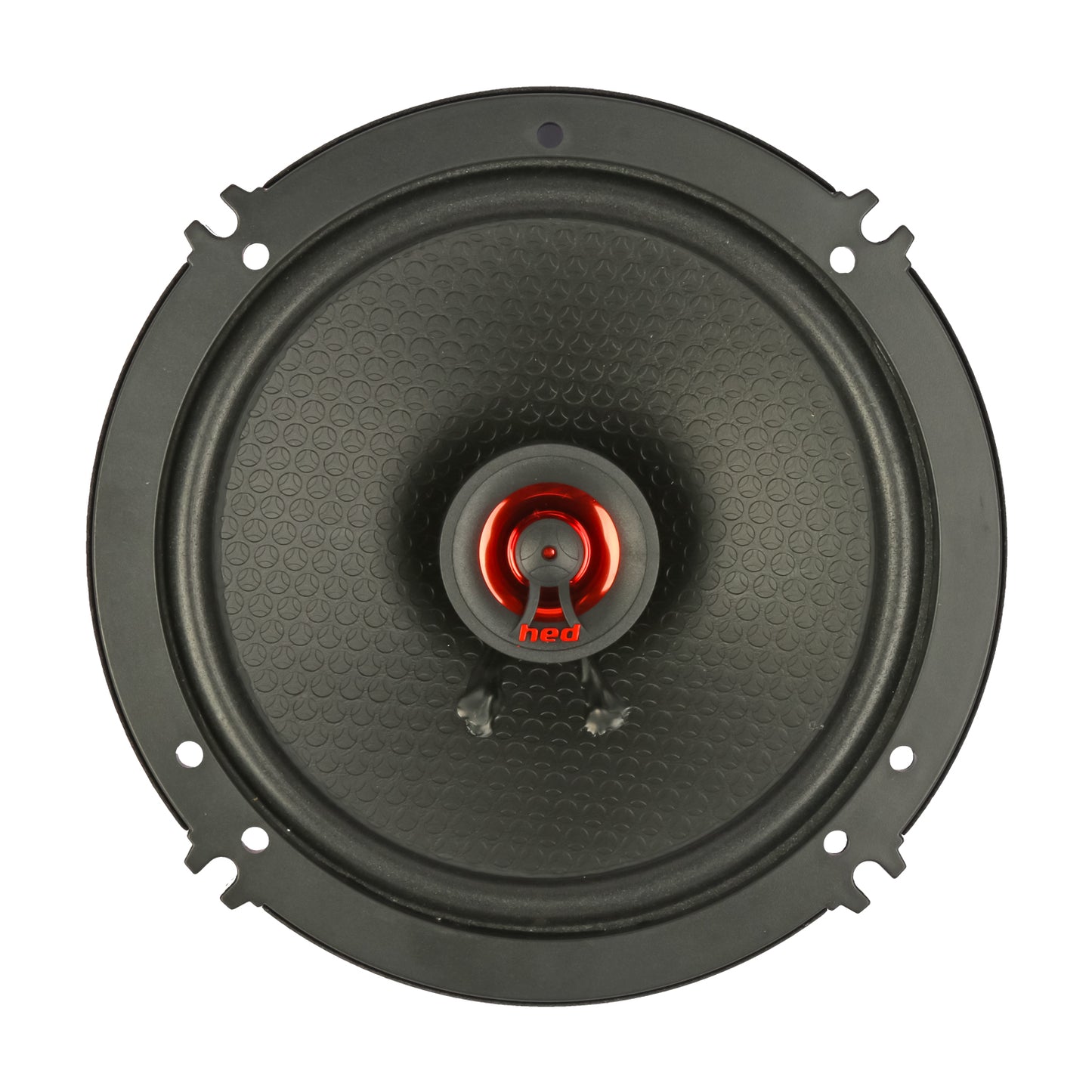 Close-up of a circular black coaxial speaker with a textured surface and a red cone labeled "hed," similar to the sleek, modern design of the Cerwin Vega HED 2025 Edition H652 6.5” 2-WAY Coaxial Full Range Speaker System.