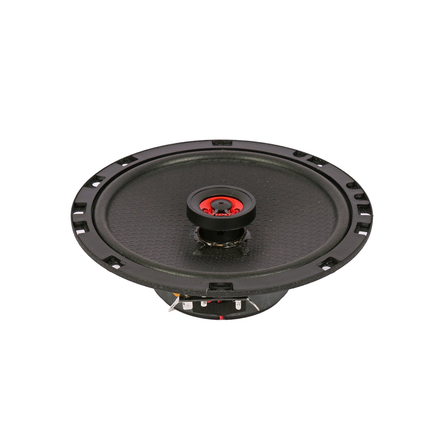 The Cerwin Vega HED 2025 Edition Coaxial Speaker (H672) is a 6.75" round, black, 2-way coaxial speaker with a textured surface, central red component, circular frame with perimeter mounting holes, and visible wiring connectors at the bottom.