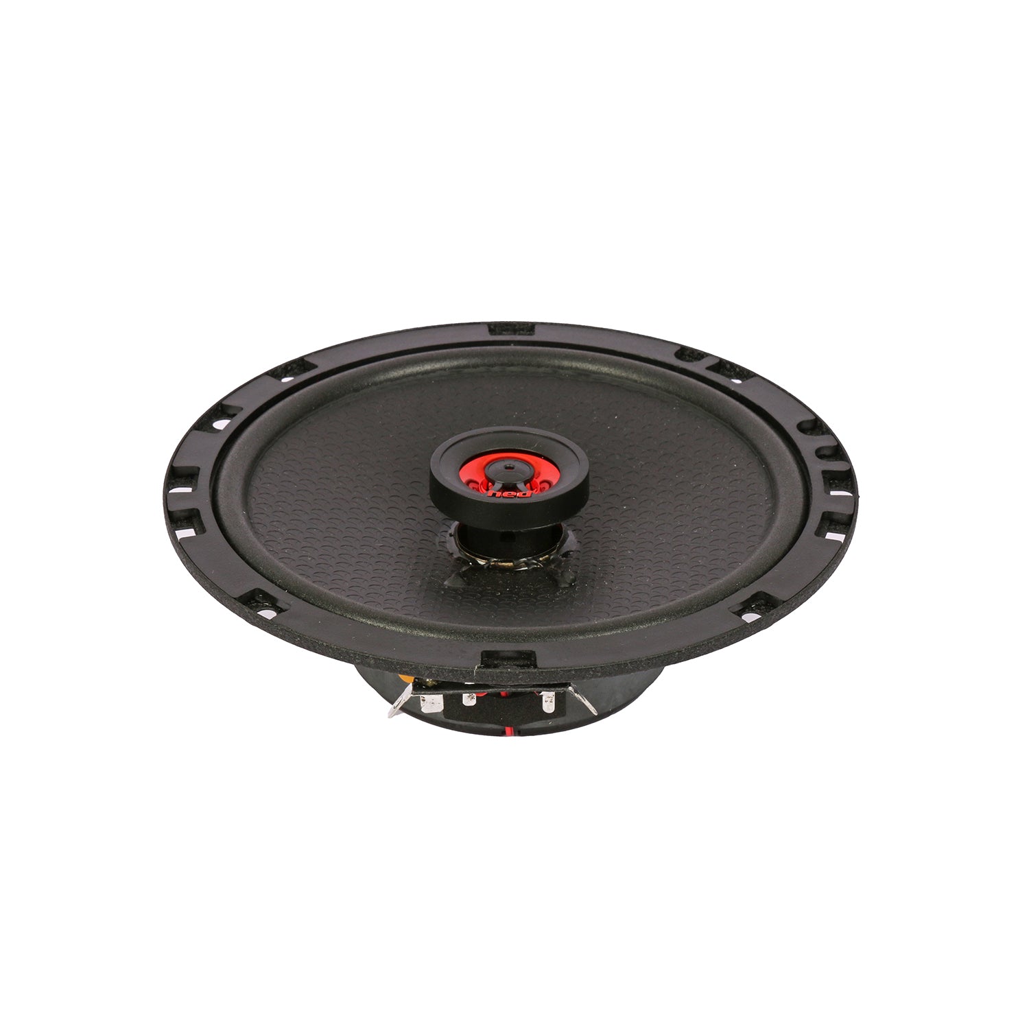 The Cerwin Vega HED 2025 Edition Coaxial Speaker (H672) is a 6.75" round, black, 2-way coaxial speaker with a textured surface, central red component, circular frame with perimeter mounting holes, and visible wiring connectors at the bottom.
