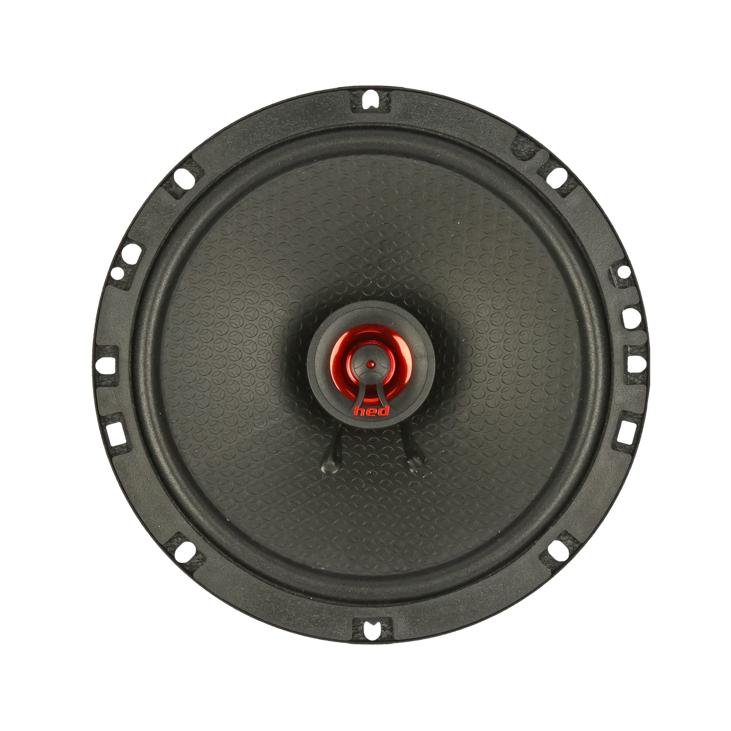 The HED 2025 Edition Coaxial Speaker, a sleek, modern 6.75” 2-way full-range system, features a round black design with a textured surface, multiple mounting holes, and a metallic red "hed" center for functionality and aesthetic appeal.