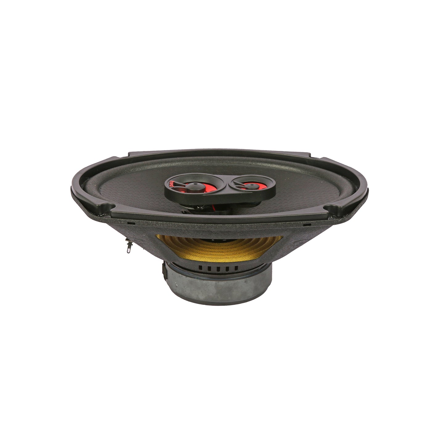 The HED 2025 Edition H693 is a 6X9” 3-way coaxial speaker featuring a black cone with dual red and black tweeters, visible coil, metallic mounting, and textured frame, delivering full-range dynamic sound.