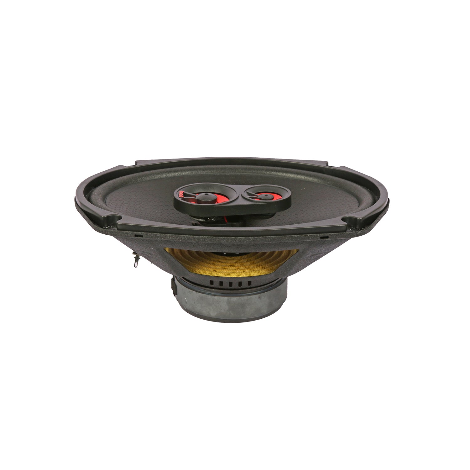 The HED 2025 Edition H693 is a 6X9” 3-way coaxial speaker featuring a black cone with dual red and black tweeters, visible coil, metallic mounting, and textured frame, delivering full-range dynamic sound.