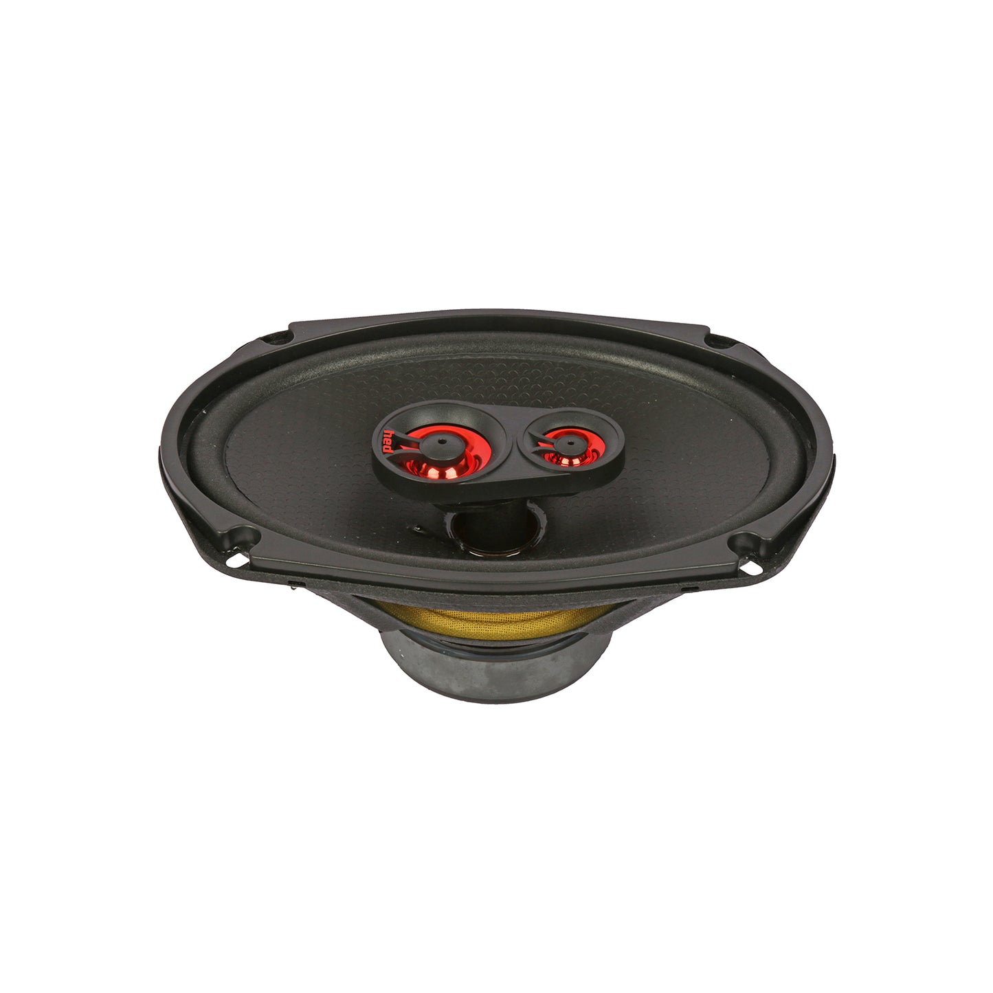 The HED 2025 Edition H693 is a 6x9" 3-way coaxial speaker featuring a black woofer and two red tweeters mounted on top. With its metallic frame and visible cone structure, this speaker offers dynamic sound performance expertly designed for full-range audio in car systems.