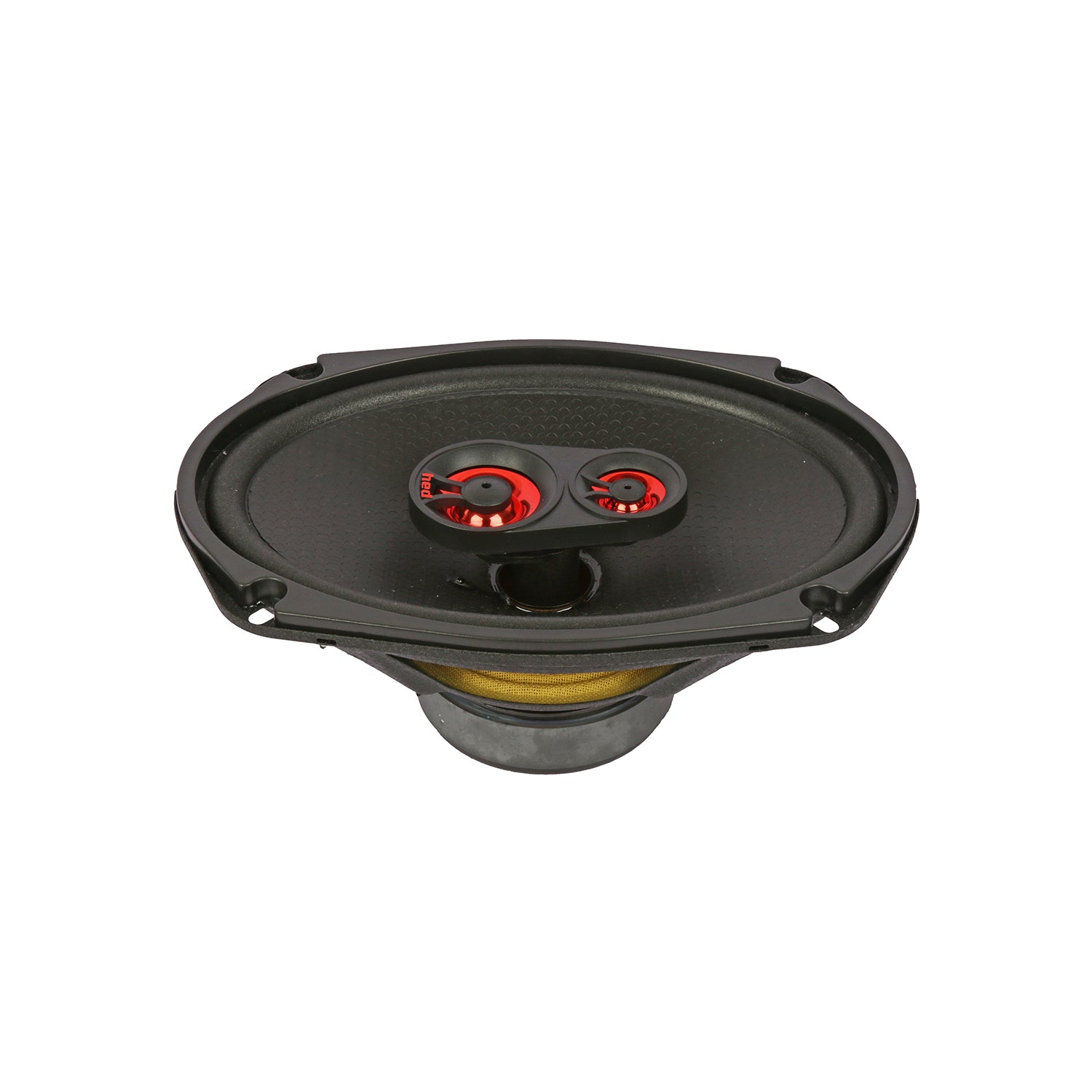 The HED 2025 Edition H693 is a 6x9" 3-way coaxial speaker featuring a black woofer and two red tweeters mounted on top. With its metallic frame and visible cone structure, this speaker offers dynamic sound performance expertly designed for full-range audio in car systems.