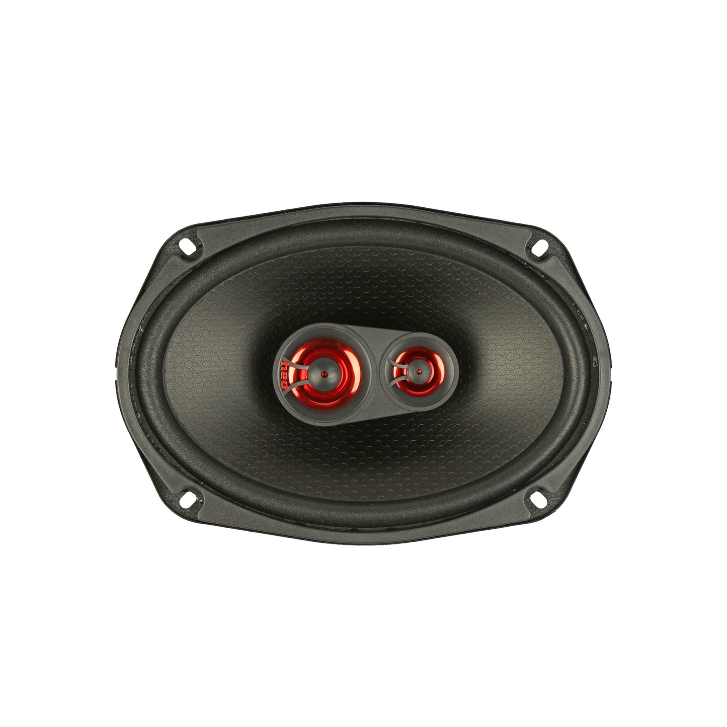 The HED 2025 Edition H693 coaxial speaker is a 6X9” 3-way system featuring an oval-shaped black design with a textured cone and dual red circular elements on a rectangular frame, offering modern appeal and dynamic sound performance while highlighting its intricate internal components.