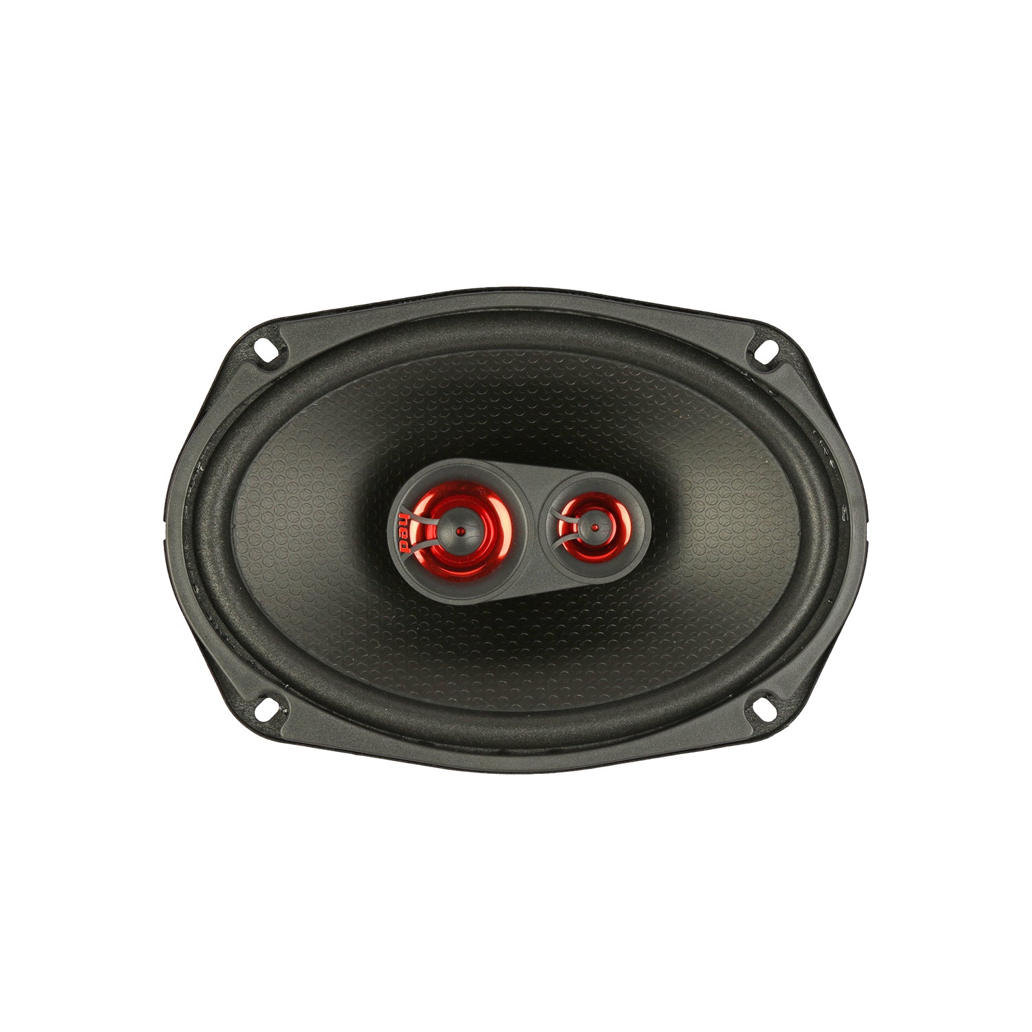 The HED 2025 Edition H693 coaxial speaker is a 6X9” 3-way system featuring an oval-shaped black design with a textured cone and dual red circular elements on a rectangular frame, offering modern appeal and dynamic sound performance while highlighting its intricate internal components.