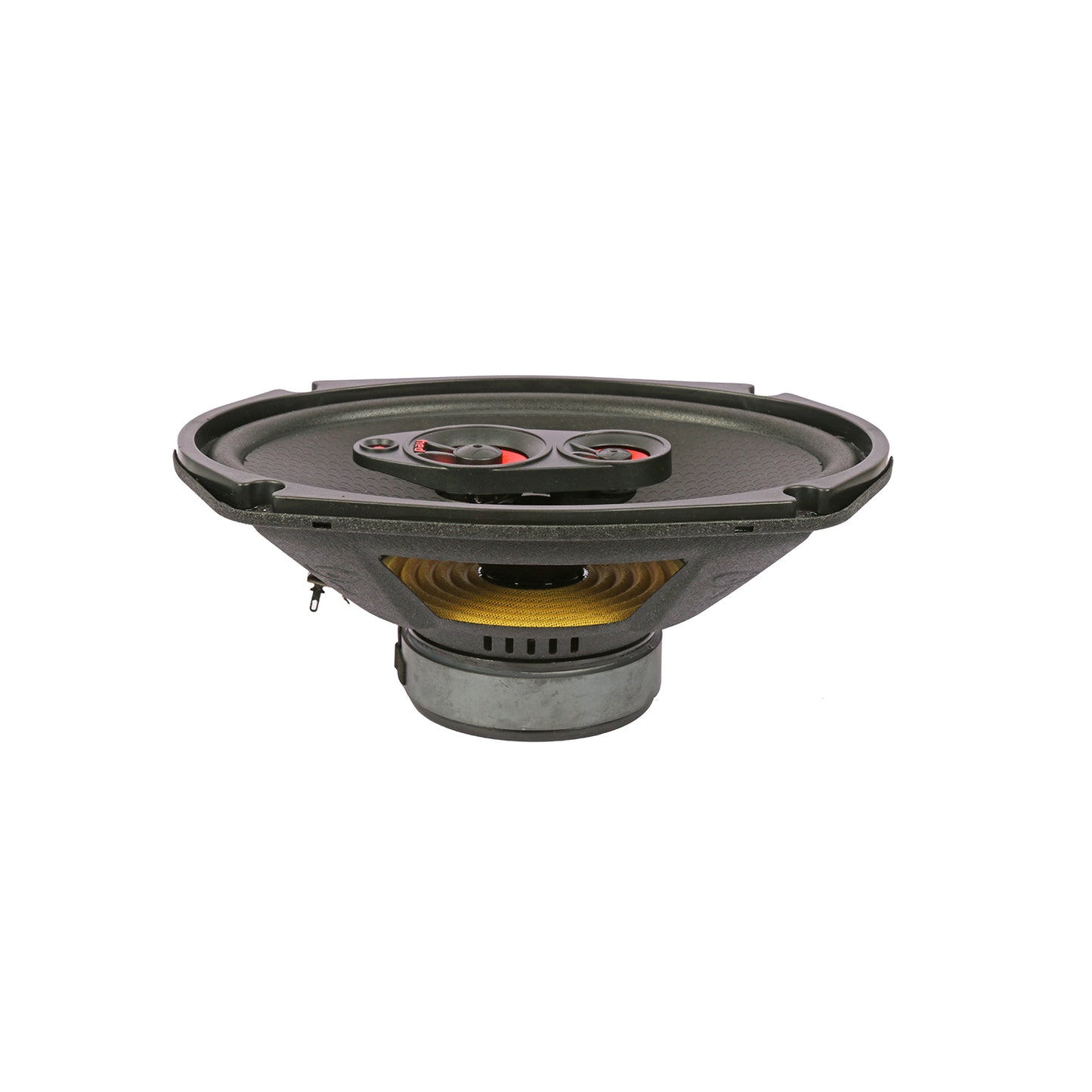 A close-up of the HED 2025 Edition Coaxial Speaker - H694 showcases its round, black cone with two visible red-accented voice coils. The 6x9” 4-way design includes a metallic frame, yellowish-brown surround, and dark basket base for a full-range speaker system.