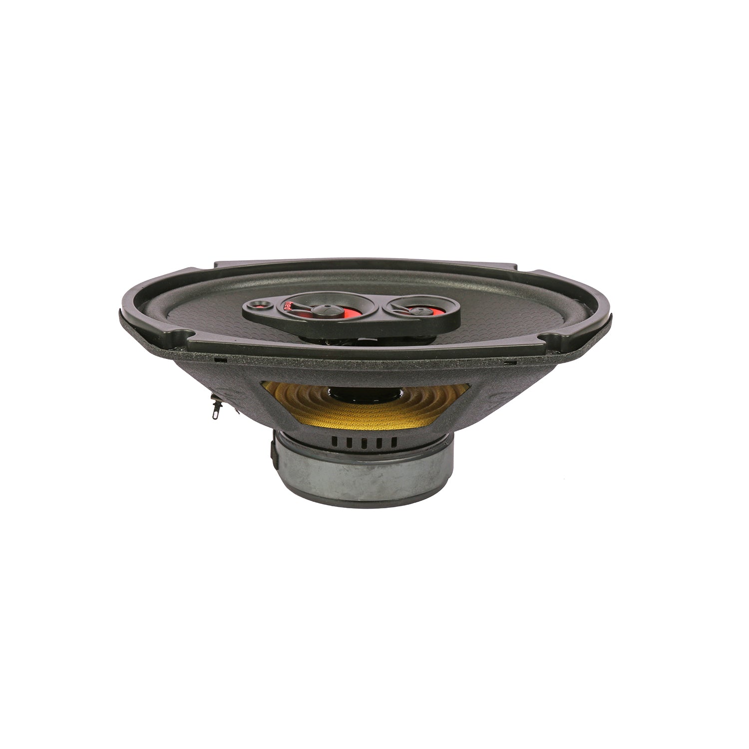 A close-up of the HED 2025 Edition Coaxial Speaker - H694 showcases its round, black cone with two visible red-accented voice coils. The 6x9” 4-way design includes a metallic frame, yellowish-brown surround, and dark basket base for a full-range speaker system.