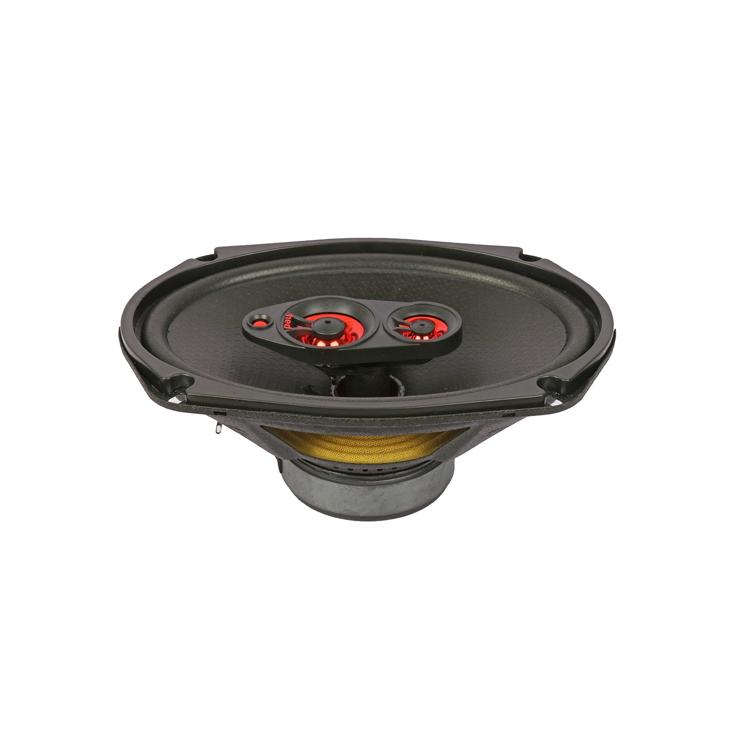 The HED 2025 Edition Coaxial Speaker - 6x9" features a sleek black frame with a visible metallic coil, and two red central components for its 4-way coaxial design. Its plain white background emphasizes the superior audio output focus of this full-range speaker system.