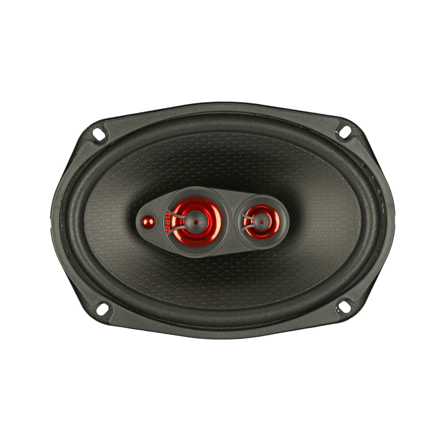The HED 2025 Edition Coaxial Speaker by Cerwin Vega is an oval-shaped black speaker with a textured surface and red metallic interior. It features two circular components with red accents and a 4-way coaxial design, plus four mounting holes for easy installation in any audio setup.
