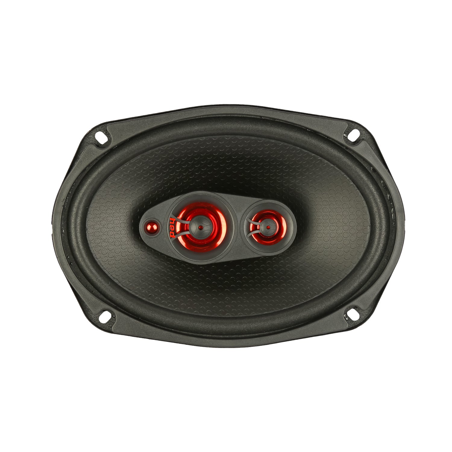 The HED 2025 Edition Coaxial Speaker by Cerwin Vega is an oval-shaped black speaker with a textured surface and red metallic interior. It features two circular components with red accents and a 4-way coaxial design, plus four mounting holes for easy installation in any audio setup.