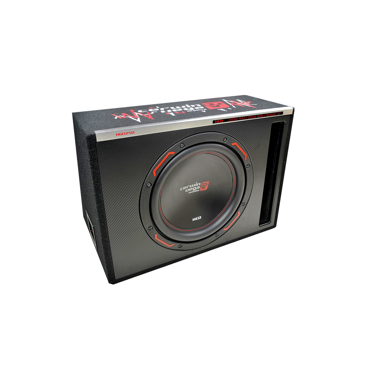 The HED Subwoofer Enclosures feature a black box with red and silver accents. The "Machete Fight" text is prominent on top, and the "MBQ" labeled speaker is centrally positioned, showcasing distinct design elements.