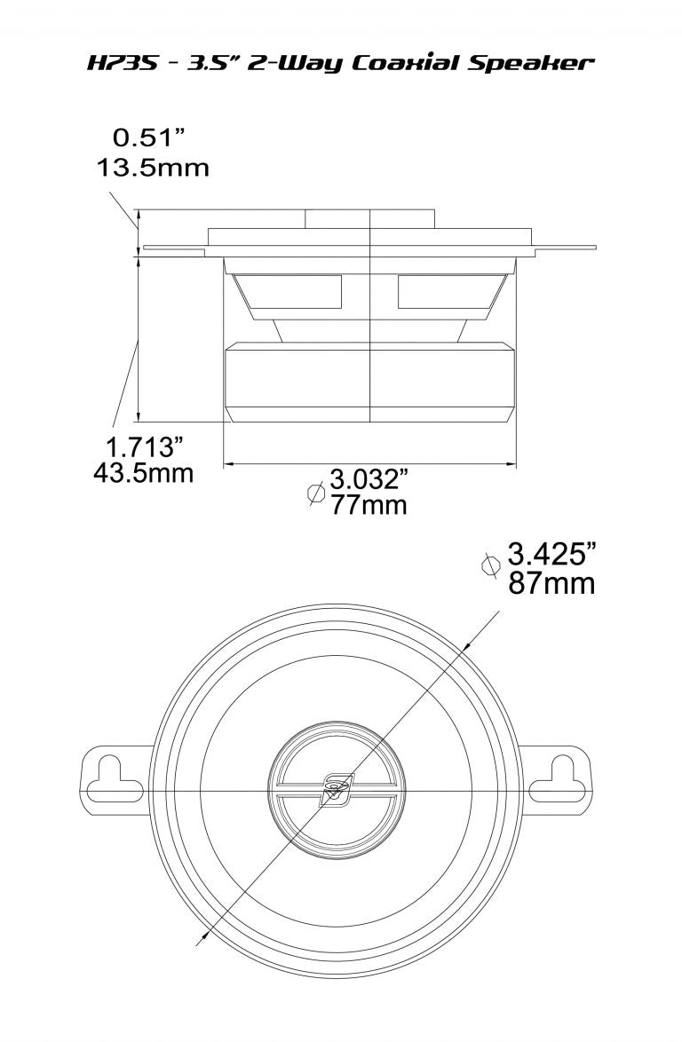 Cerwin Vega's HED Series H735 3.5" 2-way coaxial speakers feature a technical diagram showing a circular top view with two mounting tabs, 3.425" (87mm) in diameter, and a side cross-section that measures height 1.713" (43.5mm), width 3.032" (77mm).