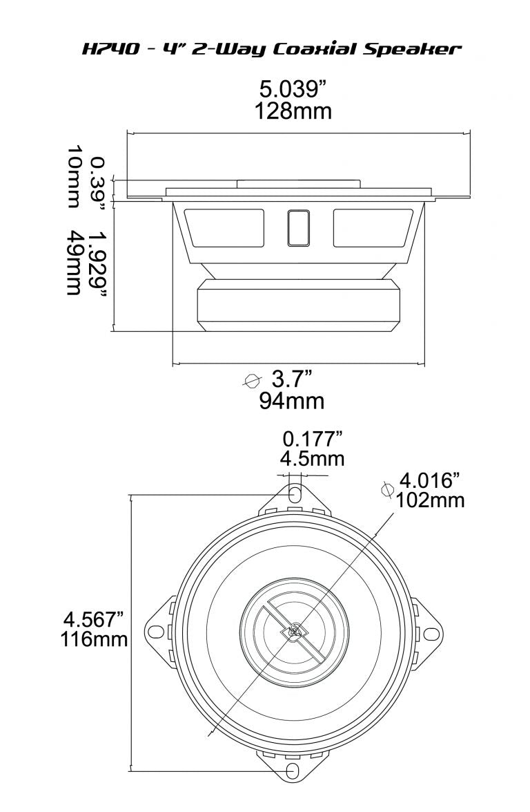 Technical diagram of the HED Series H740 4" 2-way coaxial speakers: top and side views with detailed measurements—diameter 5.039" (128mm), depth 1.929" (49mm), width 3.7" (94mm), and mounting features, including dimensions of 4.016" (102mm).