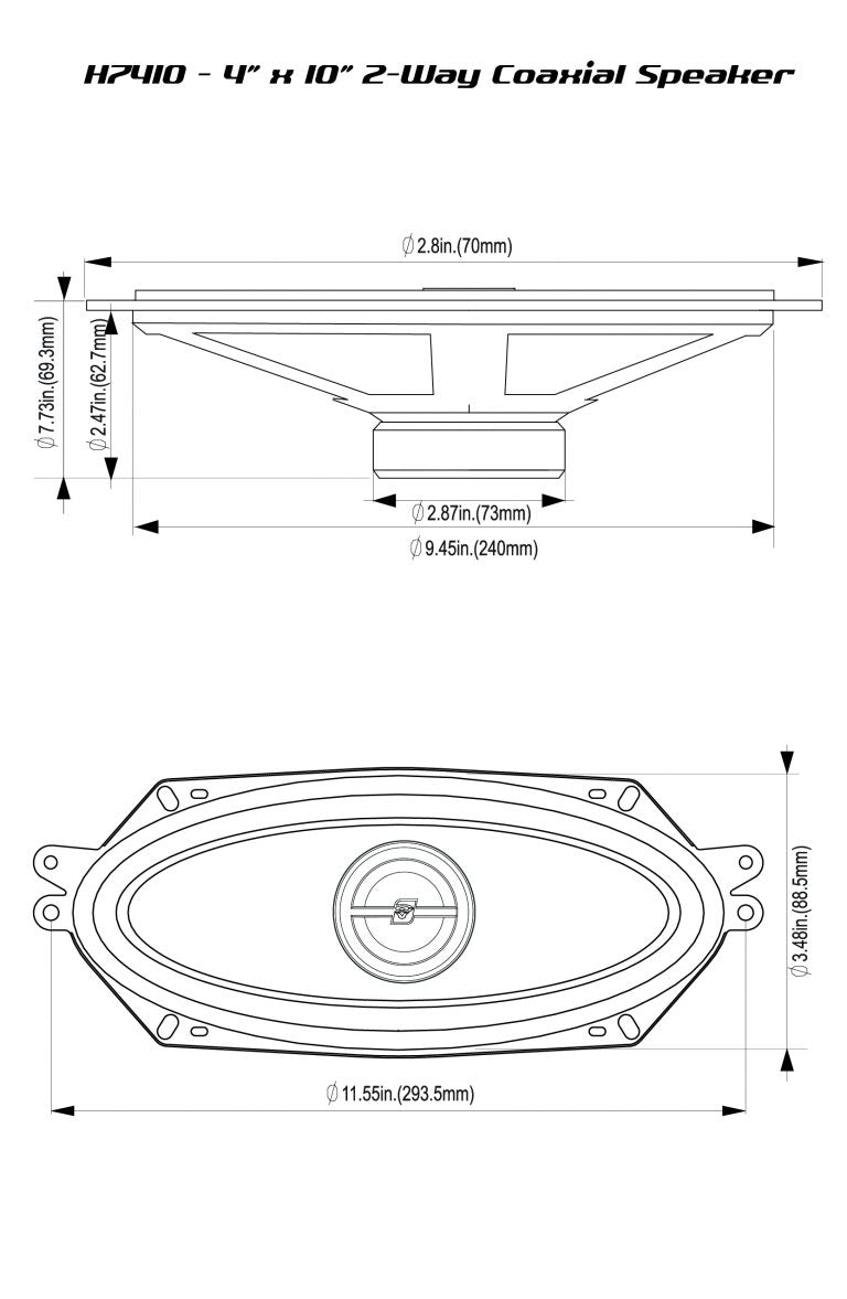 The technical diagram highlights the Cerwin Vega HED Series H7410 4" x 10" 2-way coaxial speakers, featuring a 2.8in depth and a 9.49in total diameter for precise mounting, ensuring an excellent fit and performance in your vehicle audio setup.