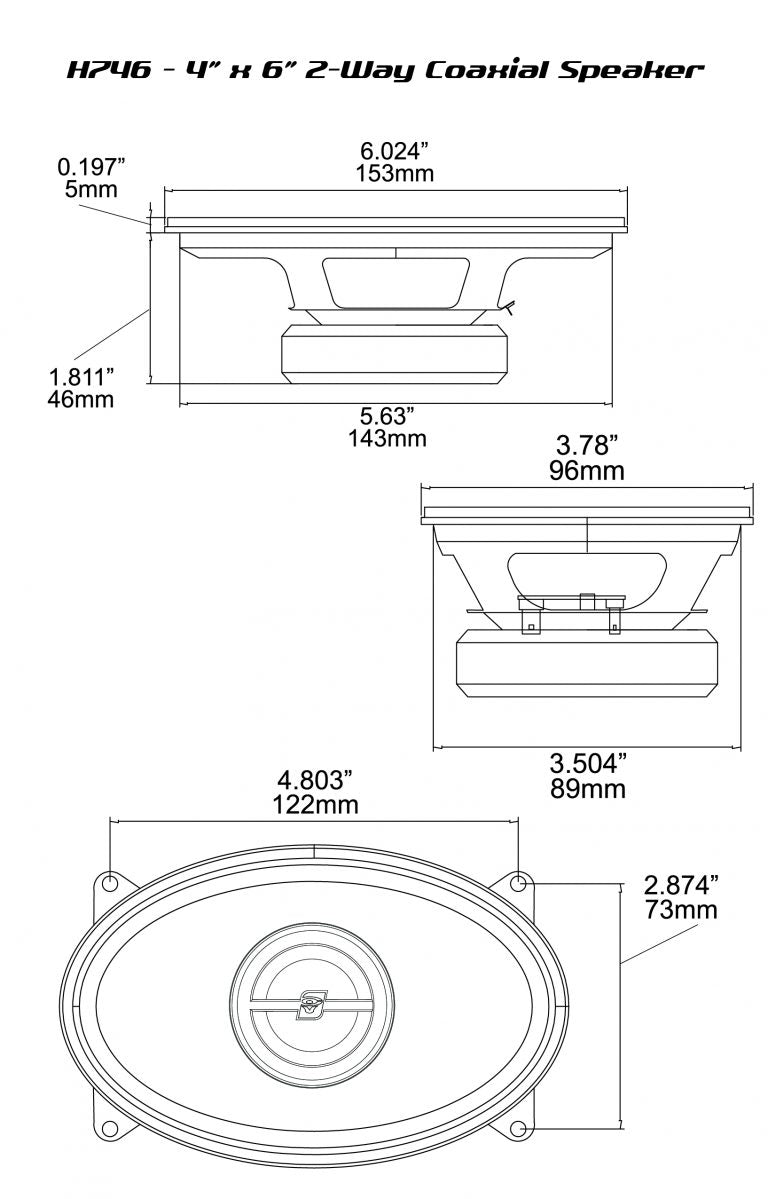 Technical diagram of a Cerwin-Vega HED Series H746 4" x 6" 2-way coaxial car speaker shows top view dimensions: length 6.024", width 5.63", height 1.811"; side view depth: 3.504"; front view mounting hole width: 4.803".