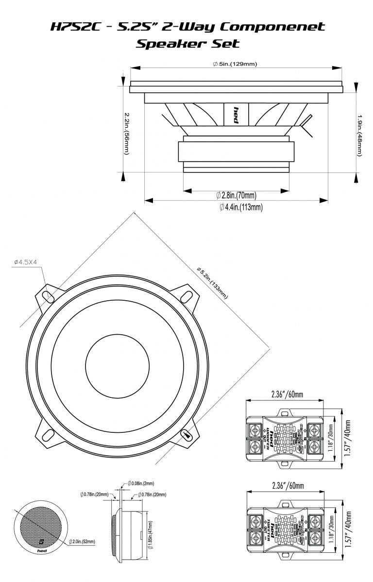 The technical drawing of the Cerwin Vega's HED Series 5.25" 2-Way Component Speakers (H7525C) displays side, front, and cross-section views with measurements. It features a 5-inch diameter, 2.8-inch mounting depth, and a 4.4-inch mounting hole diameter.