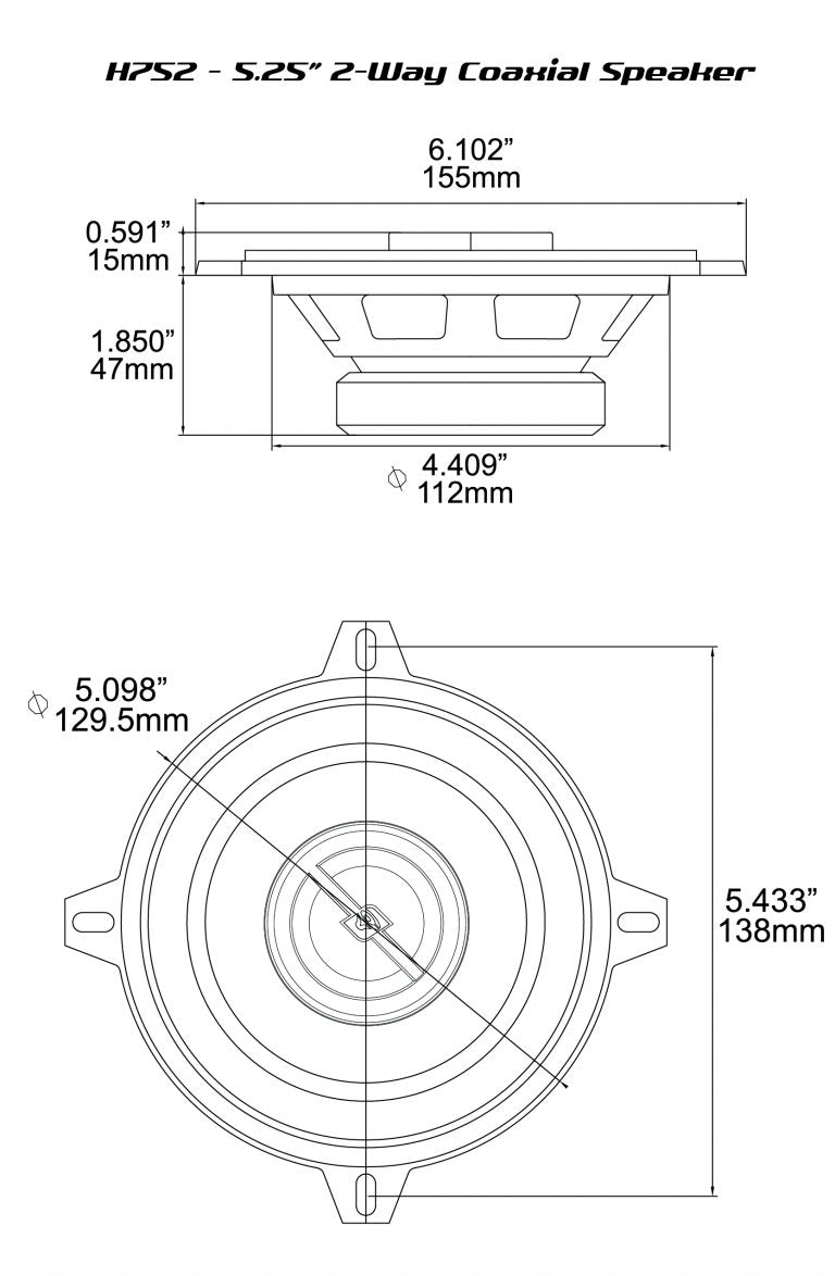 This technical diagram showcases the Cerwin-Vega HED Series 5.25" 2-Way Coaxial Speakers - H752. The side view reveals a 0.591-inch depth and 1.850-inch total height, while the top view illustrates outer, flange, and cone diameters of 6.102, 5.433, and 4.409 inches for this remarkable speaker system.