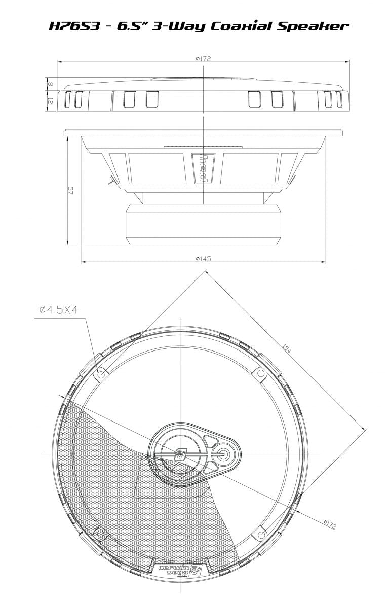 Technical drawing of the Cerwin Vega HED Series 6.5" 3-way coaxial speaker, model H7653, shows circular front detailing and dimensions in the top view, while the side view highlights depth, structure, and mounting features for precise installation.