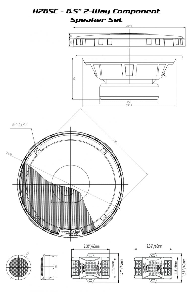 Technical diagram of the HED Series 6.5" 2-way component speaker system (H765C) includes top and side views with dimensions, showing the grill, cone, and mounting points. Two smaller diagrams at the bottom depict connection terminals with detailed measurements.