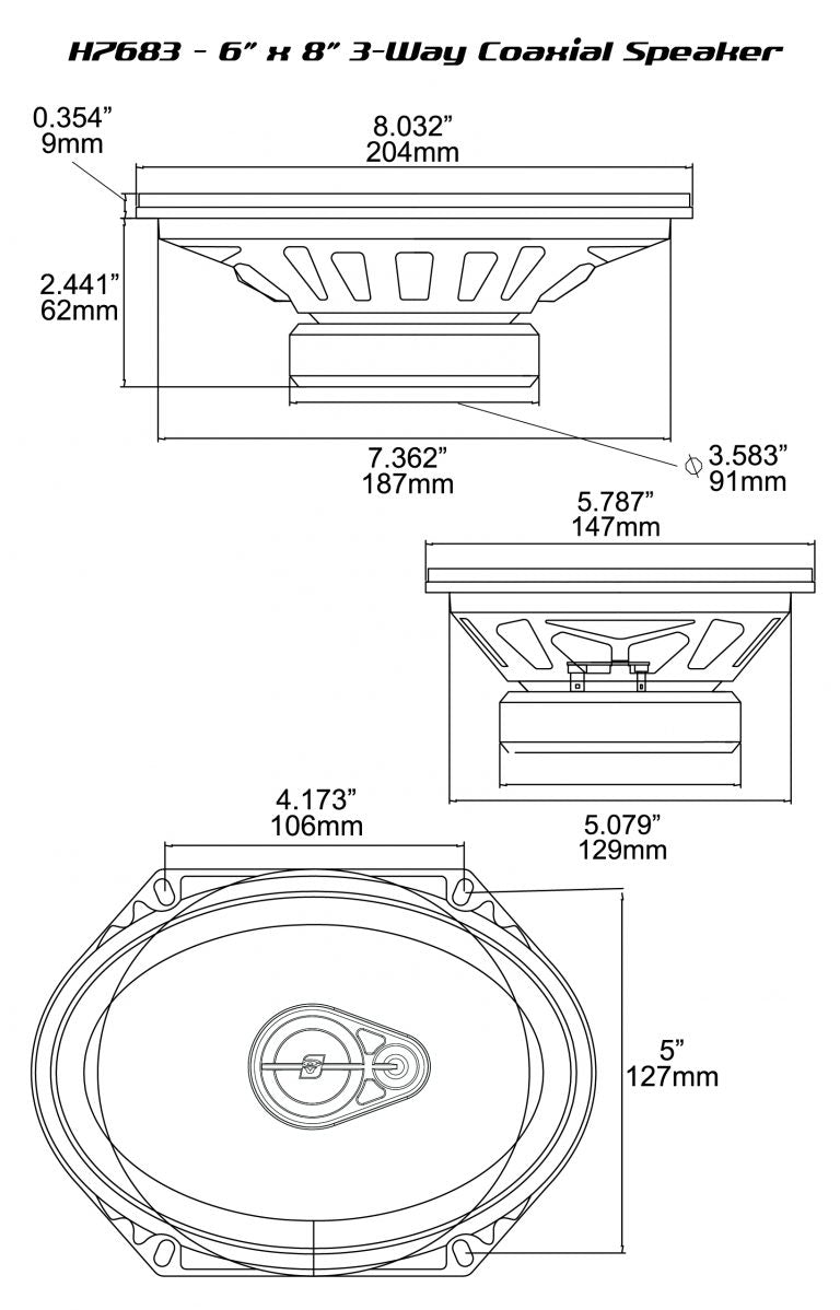 Diagram of the HED Series 6"x8" 3-Way Coaxial Speakers (H7683) showing three views: Top view reveals an elliptical shape with a central circular element; Side view shows a depth of 2.441" and total depth of 3.583"; Bottom view indicates mounting holes with dimensions 4.173" width and 5" height.