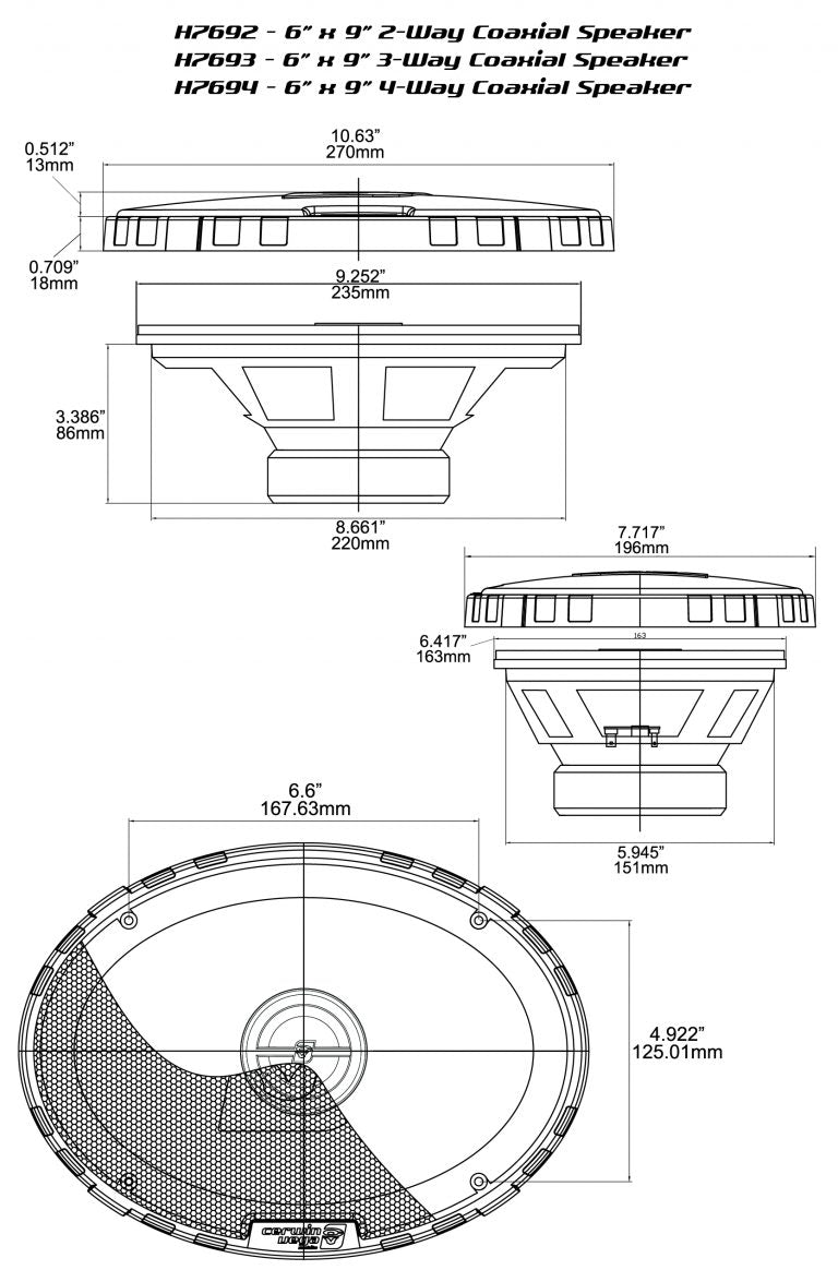 Diagram of Cerwin Vega's HED Series Coaxial Speakers, detailing measurements. Top section has side views with heights and diameters; bottom shows front view with labeled dimensions, featuring model H7694 and its powerful performance.