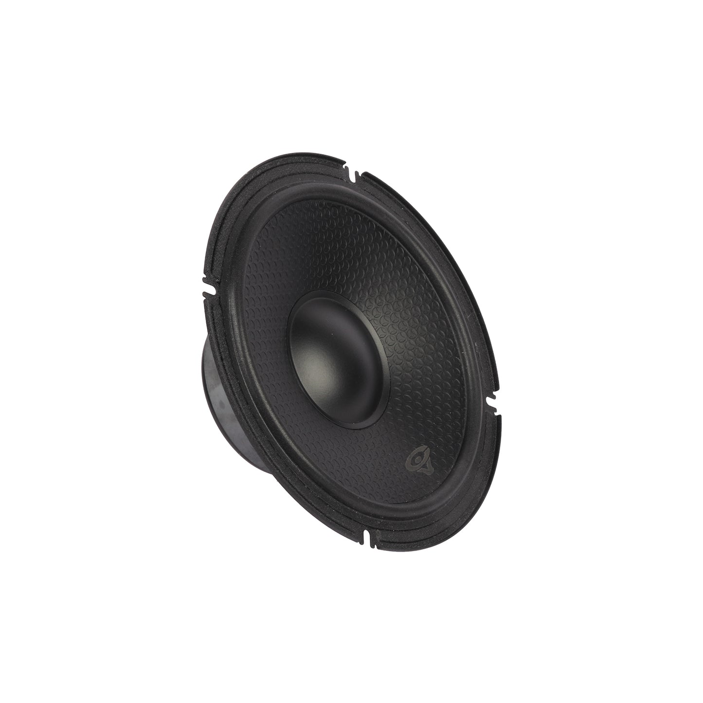 The HED 2025 Edition Component Speaker (H80C) is an 8" 2-way full range speaker with a black cone featuring a textured diaphragm, smooth rounded edges, and central dome. A small logo sits near the edge against a plain white background, angled slightly left.