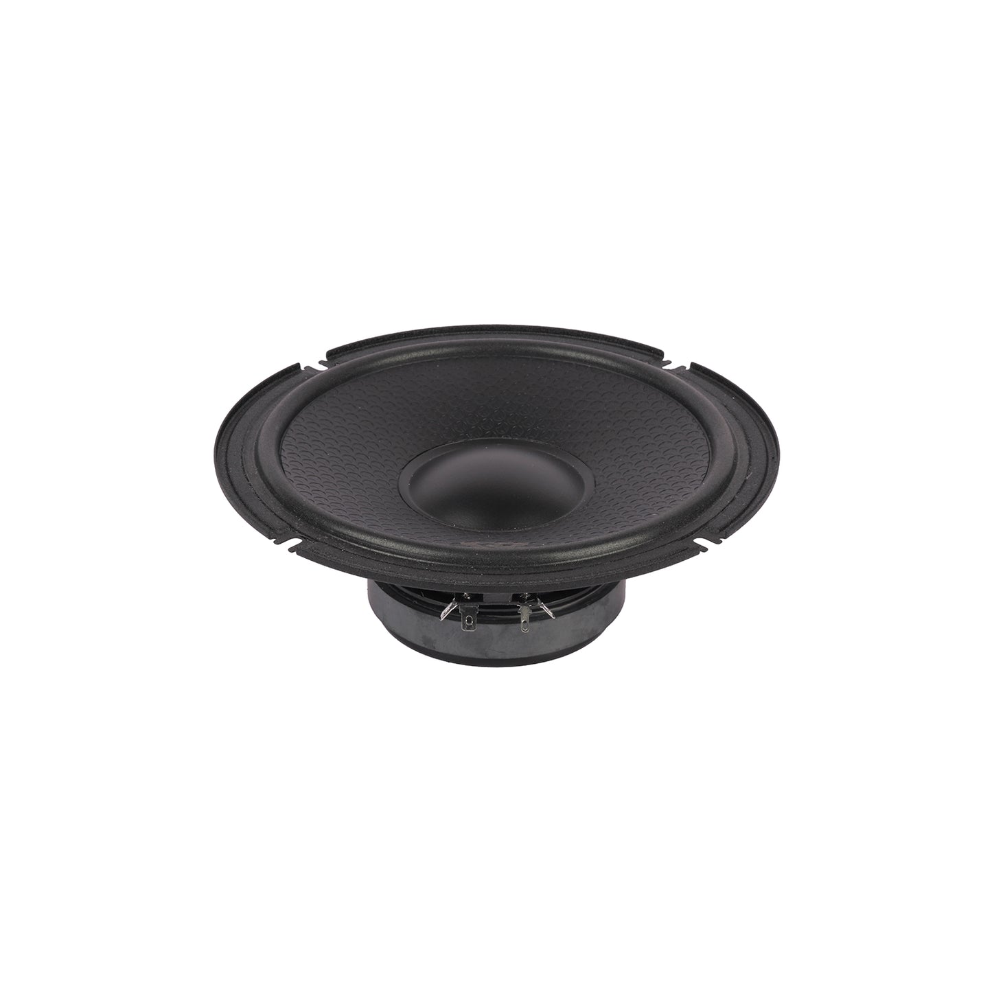 A black speaker cone, part of the Cerwin Vega HED 2025 Edition Component Speaker (H80C), has a circular shape and textured surface with a central dome framed by a smooth outer rim. Set against a white background, this 8" 2-Way Component Full Range Speaker System shows visible connectors at its base.