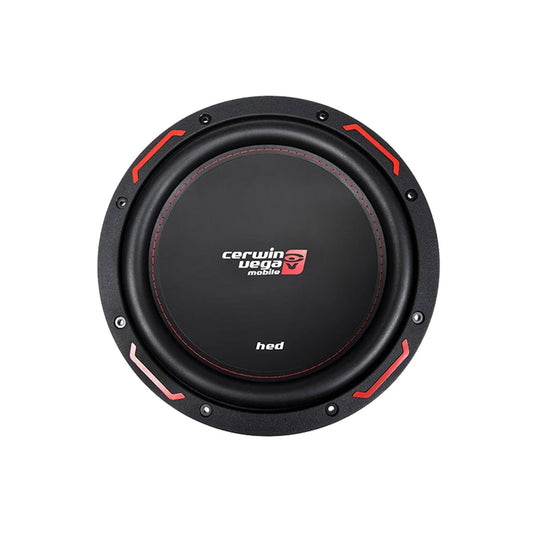 The Cerwin Vega HED Series 10" SVC Subwoofer (H7104S) features a black and dark gray body with red accents and stitching, ideal for car audio enthusiasts. "Cerwin Vega mobile" and "hed" appear in white on the center cone against a plain white background.