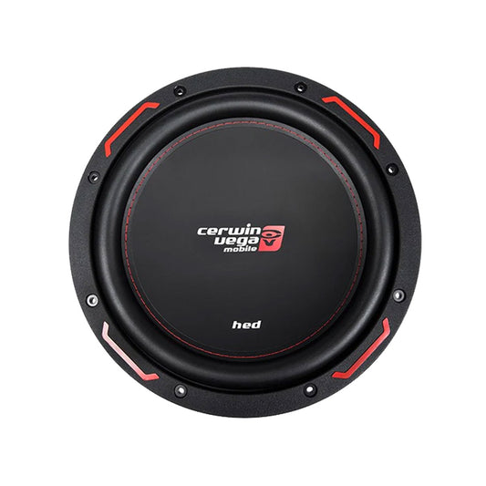A black HED Series 12" SVC Subwoofer (4Ω) - H7124S from Cerwin Vega, featuring a circular design with red accents. The "cerwin vega mobile" logo in white and red is central, with "hed" at the bottom, perfect for car audio enthusiasts.