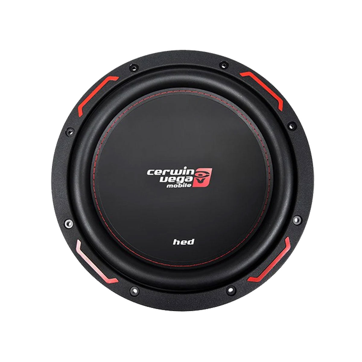 The HED Series Subwoofer is round and black with red perimeter accents. The center displays "cerwin vega mobile" in white alongside a red logo and "hed" beneath it. It boasts a sleek, modern design with a glossy central cone and matte surrounding area.