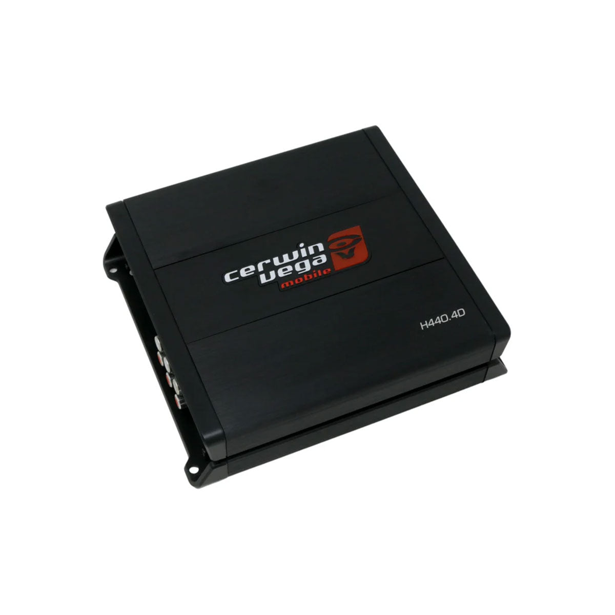 The Black Cerwin Vega HED 4 Channel 440W Class-D Digital Amplifier, model H440.4D, features high-efficiency tech in a sleek rectangular design. Its red brand logo is centered, and the model number is displayed in white at the bottom right, ideal for any car audio system.