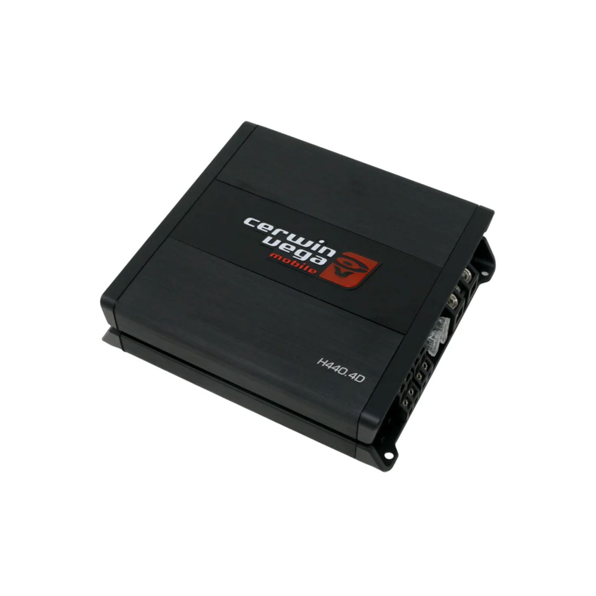 The HED 4 Channel 440W Class-D Digital Amplifier (H440.4D) features sleek black design, "Cerwin Vega Mobile" branding, bold red and white model text, High-Efficiency Technology for superior performance, and side connection ports.