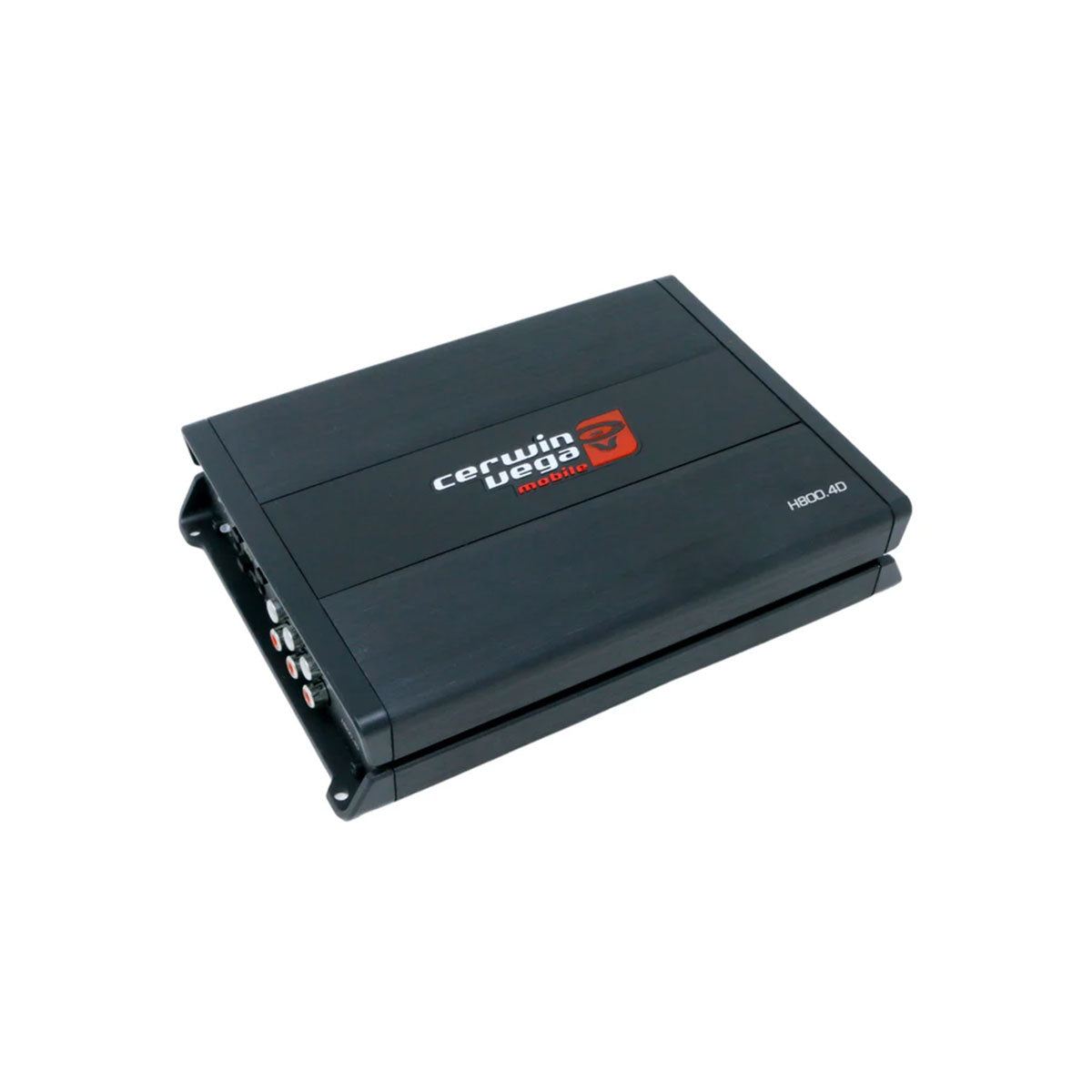 A black Cerwin-Vega H800.4D 4 Channel 800W Class-D amplifier features the iconic logo and "HED 40" in white. It has multiple input/output ports on its rectangular, rounded-edge design, highlighting Cerwin-Vega's excellence.
