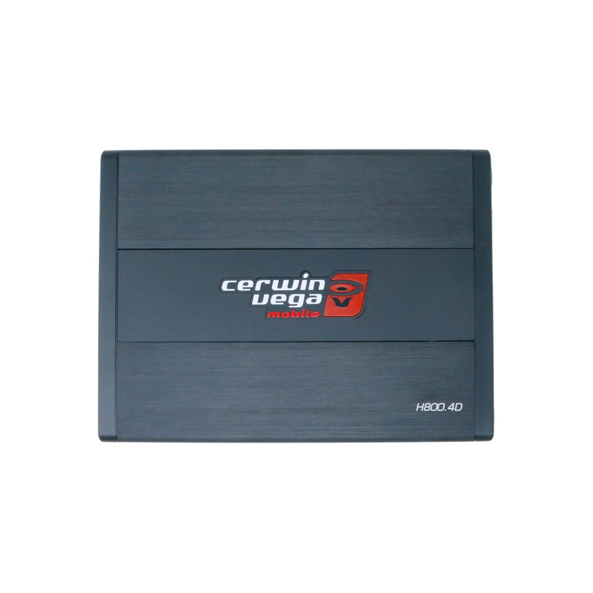 The rectangular Cerwin-Vega HED H800.4D amplifier, ideal for car audio, showcases the "cerwin vega mobile" logo in white/red. The model "H800.4D" is elegantly printed in white on the lower right corner, while its brushed metal texture enhances the minimalist design of this black Class-D amplifier.