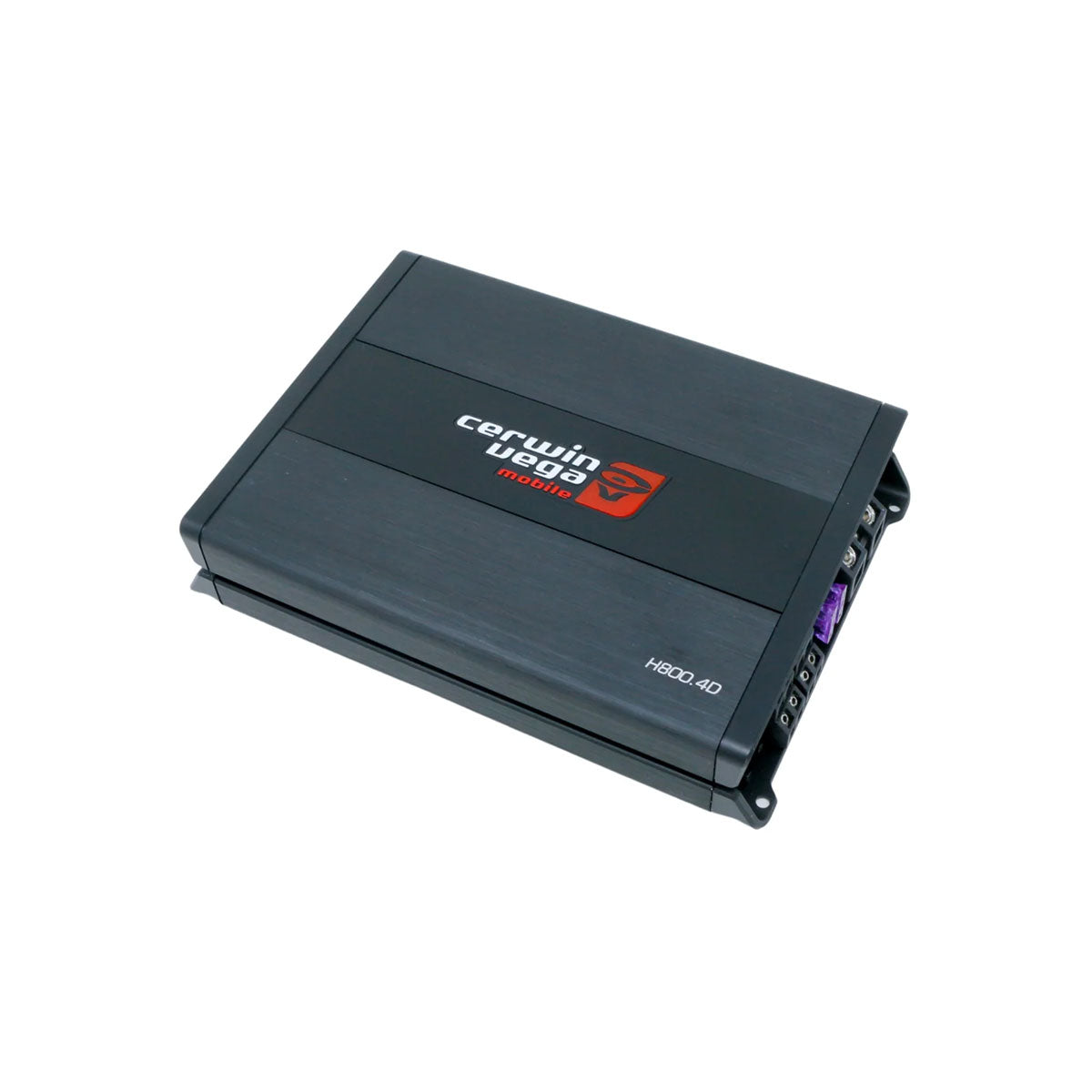 The HED 4 Channel 800W Class-D Digital Amplifier, model H800.4D, features a sleek black rectangular design with efficient Class-D technology. The top showcases the Cerwin-Vega logo and red emblem, while connectors are on each side. "H800.4D" is printed in white on the lower right corner.