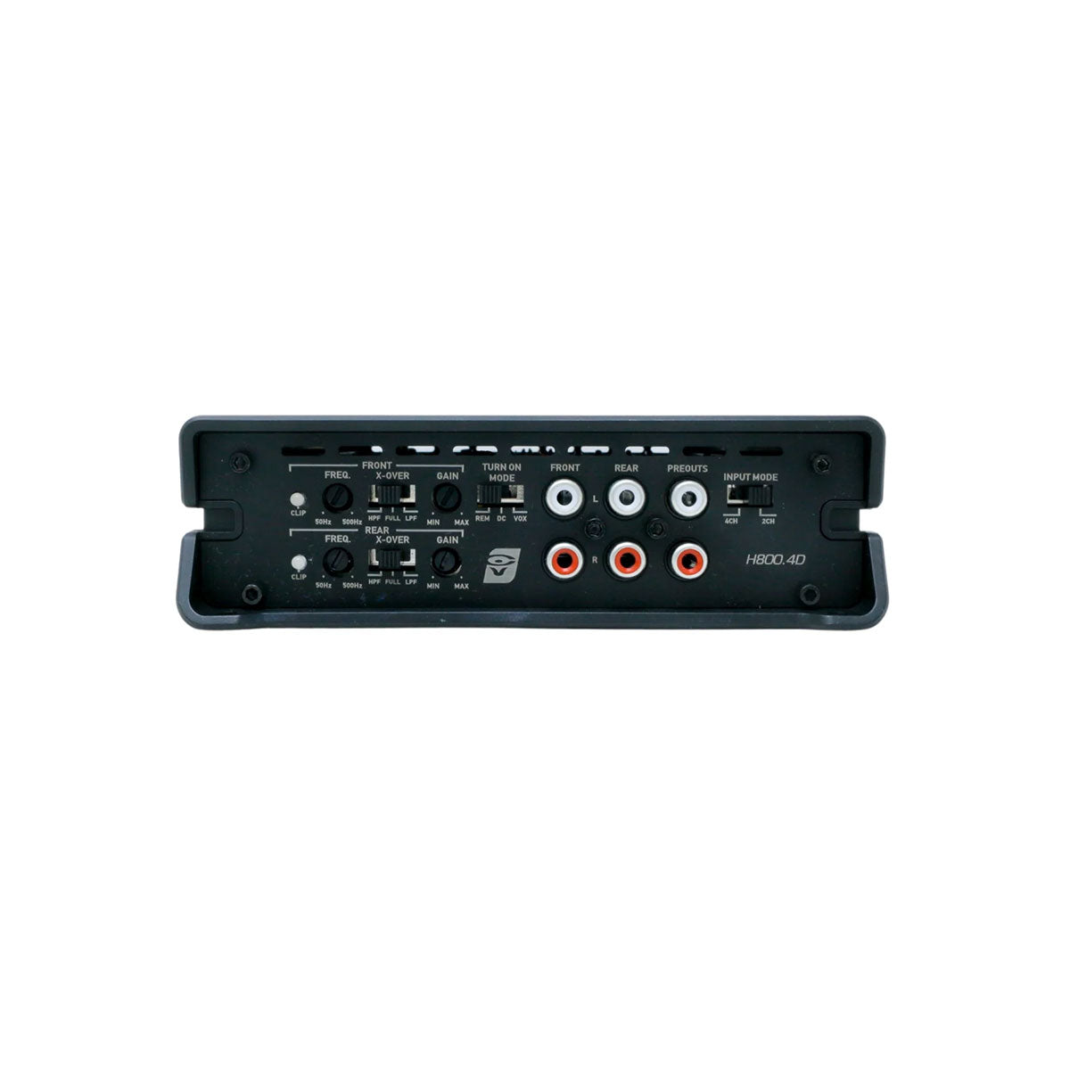 The rear view of the black HED 4 Channel 800W Class-D Digital Amplifier - H800.4D shows various controls and connections, including RCA inputs, frequency and gain knobs, and tuning, presets, and input mode switches. Labeled functions for front, peak, and other car audio adjustments are visible.
