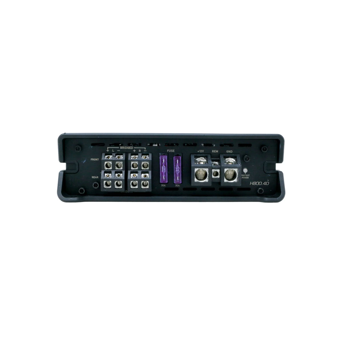 Close-up of a black rectangular Cerwin-Vega HED 4 Channel 800W Class-D Digital Amplifier panel, labeled "MODEL: H800.4D." It includes various input/output ports, two central purple fuses, and side adjustment knobs. The sleek matte design with evenly spaced components is ideal for car audio enthusiasts.