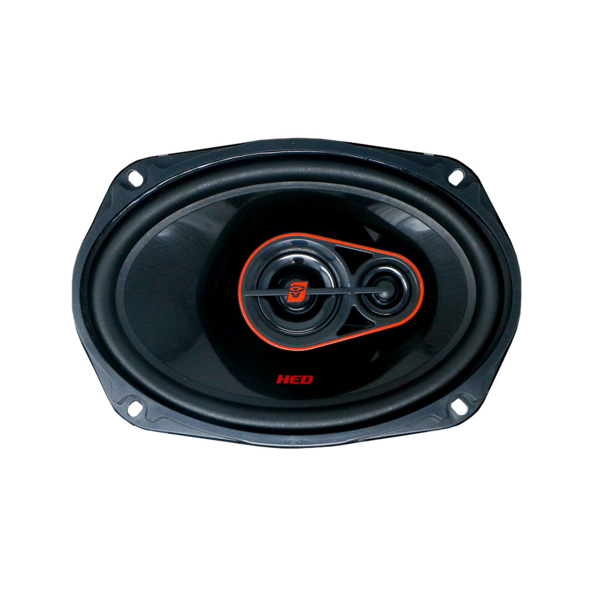 The HED Series 6"x8" 3-Way Coaxial Speaker (H7683) has an oval shape with a black frame, a red trim around two smaller circles, and "HED" in red at the bottom. It includes four mounting holes for easy installation.