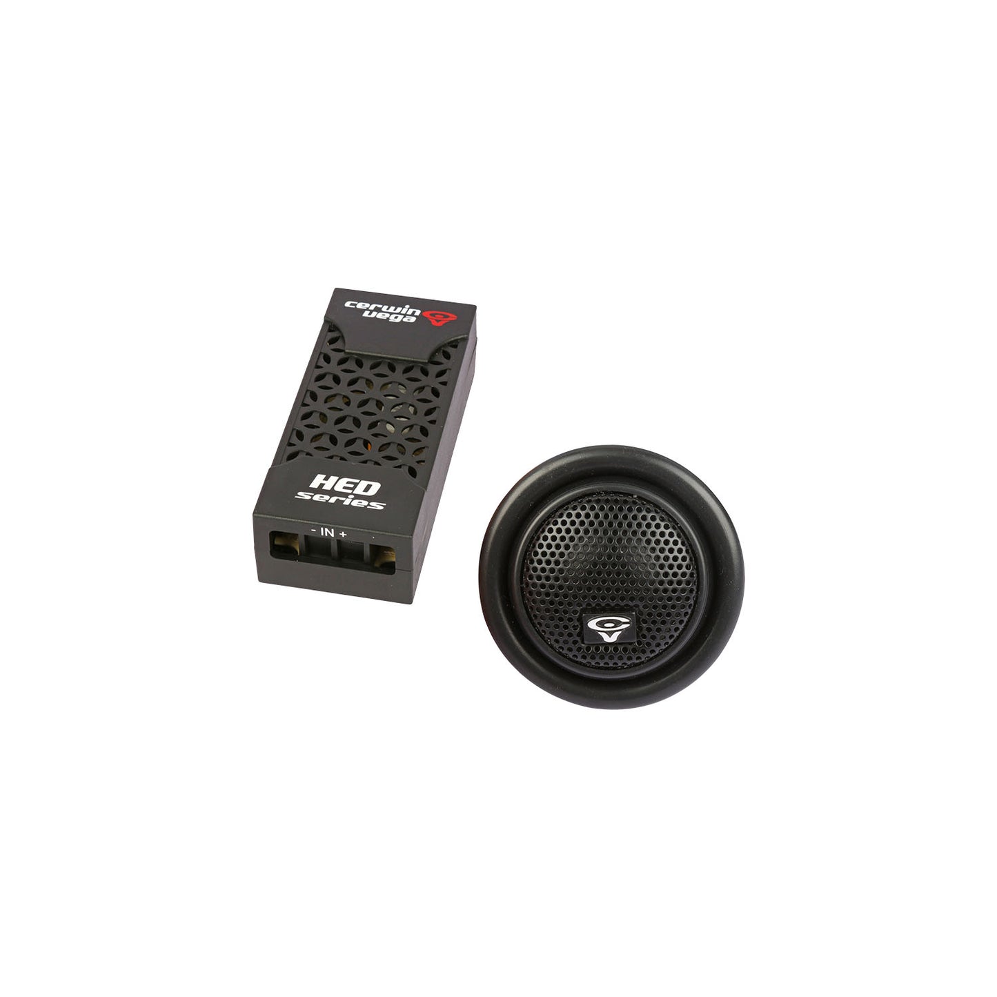 Close-up of the black HED 2025 Edition Component Speaker set, featuring a rectangular crossover with a hexagonal design labeled "IN-1" and a round tweeter with grill and logo, both on a white background.