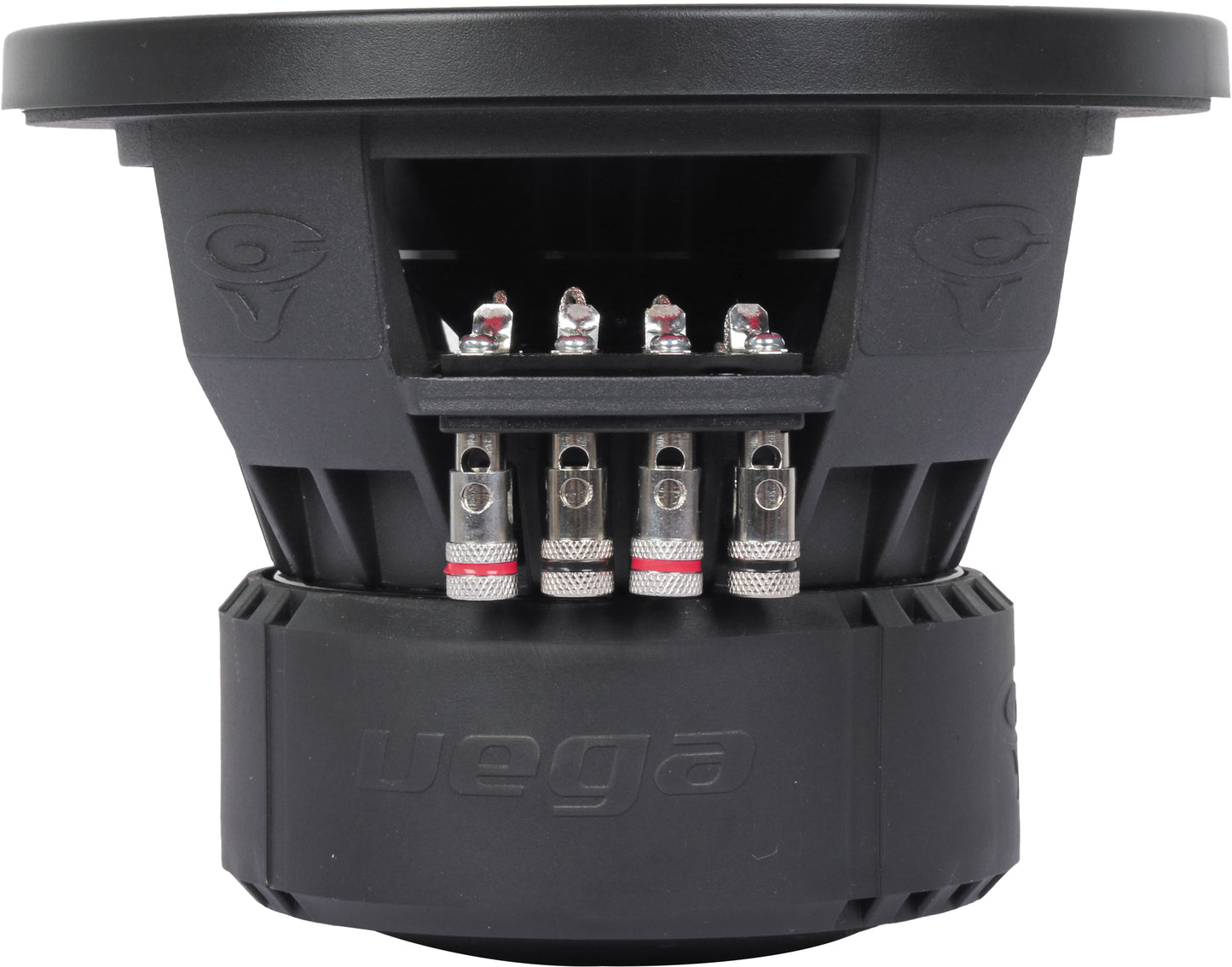 Close-up of a black Vega 2025 Edition Subwoofer showcasing its cylindrical design with a wide, flat top and detailed engravings. Four metal terminals with screws and wires are aligned in a row. The word "vega" is embossed on the lower section.