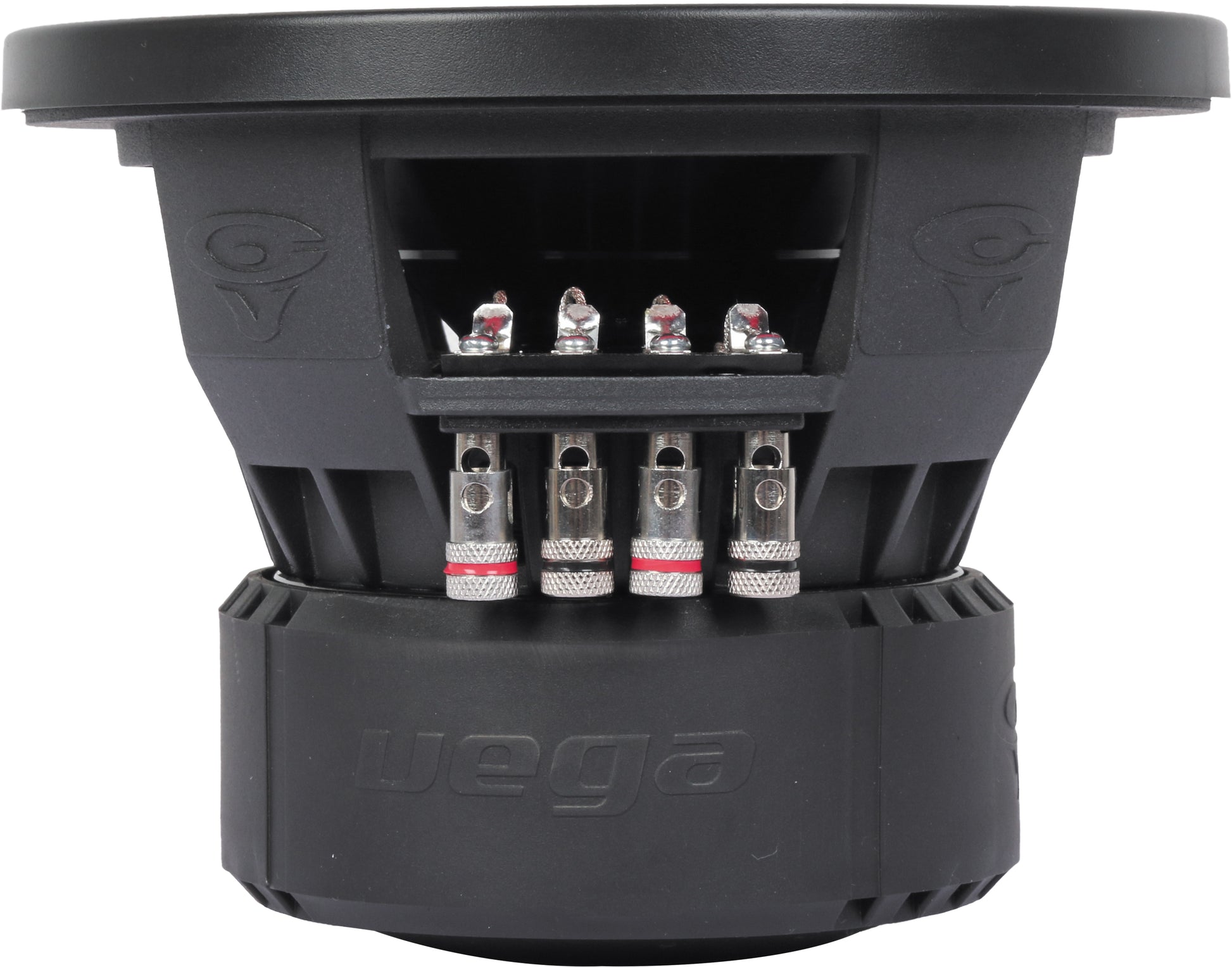 Close-up of a black Vega 2025 Edition Subwoofer showcasing its cylindrical design with a wide, flat top and detailed engravings. Four metal terminals with screws and wires are aligned in a row. The word "vega" is embossed on the lower section.