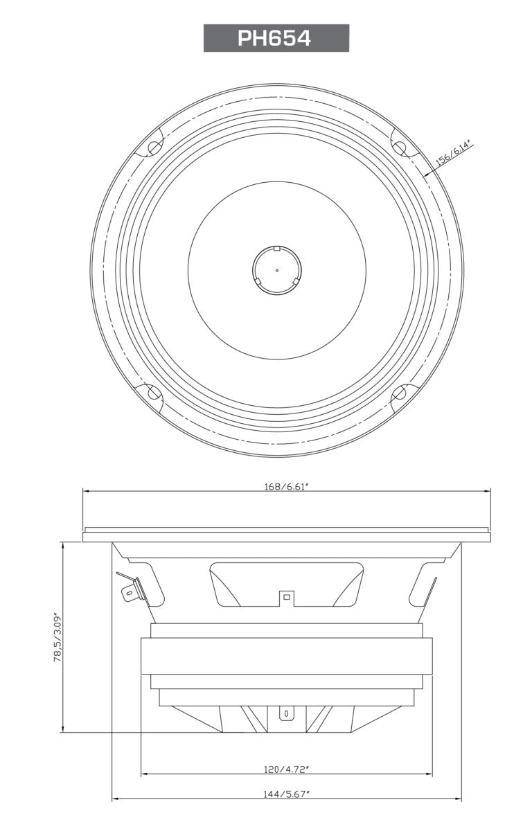 The Cerwin-Vega PH654 speaker's top view reveals a 168 mm (6.61 in) coaxial design. Side view shows 75.2 mm (2.96 in) depth and 120 mm (4.72 in) cutout diameter, promising immersive sound with exact millimeter measurements.